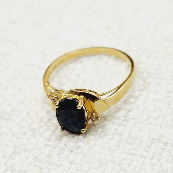 10K Yellow Gold Natural Blue Sapphire 8x6mm with Diamonds Ring - Picture 6 of 8